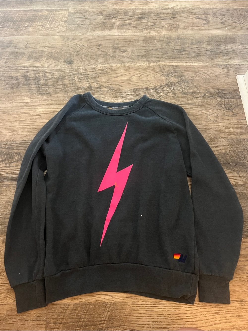 Aviator Nation Black Crewneck with Pink Lightning Bolt